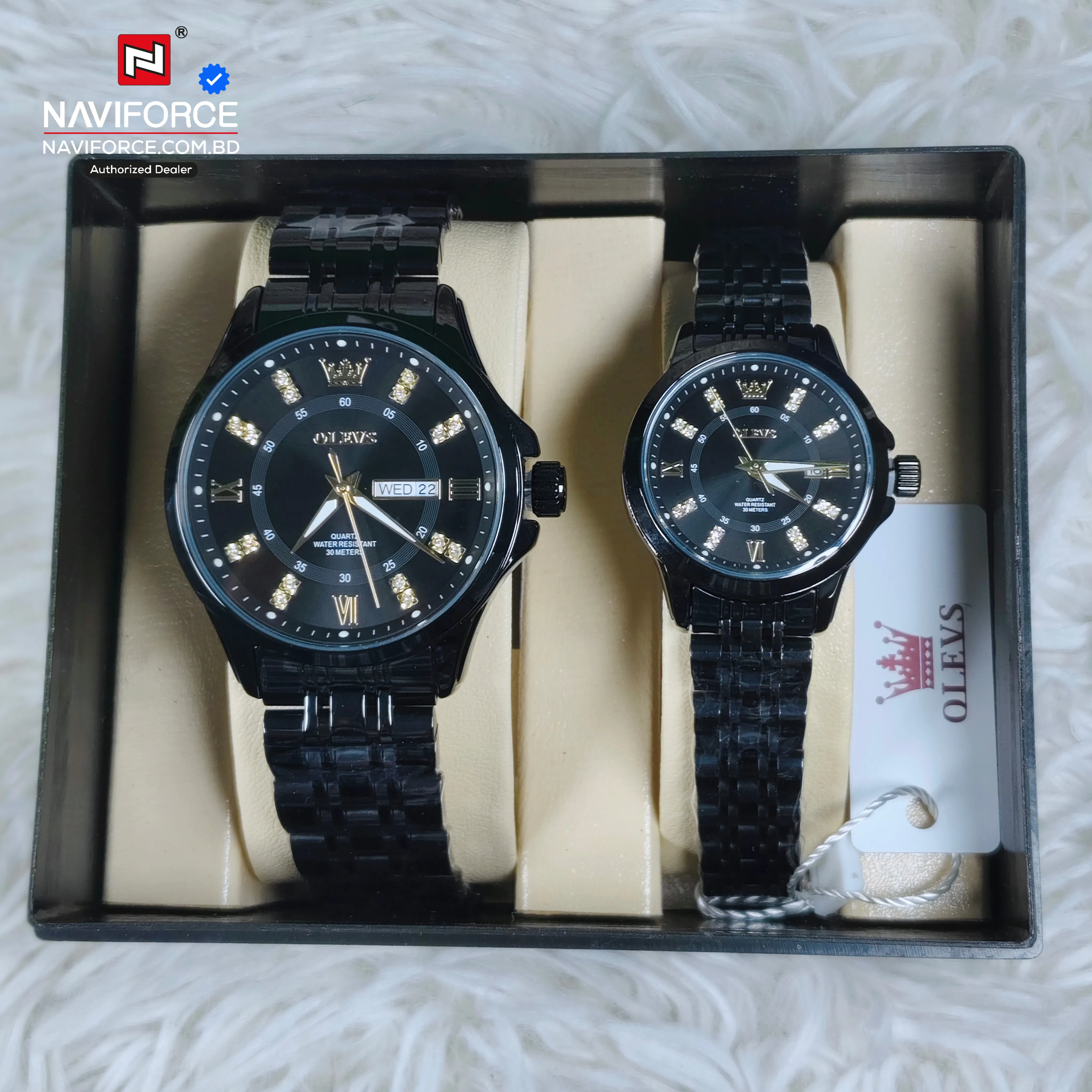 Olevs 3620 Couple Watch -  Black With Premium Box