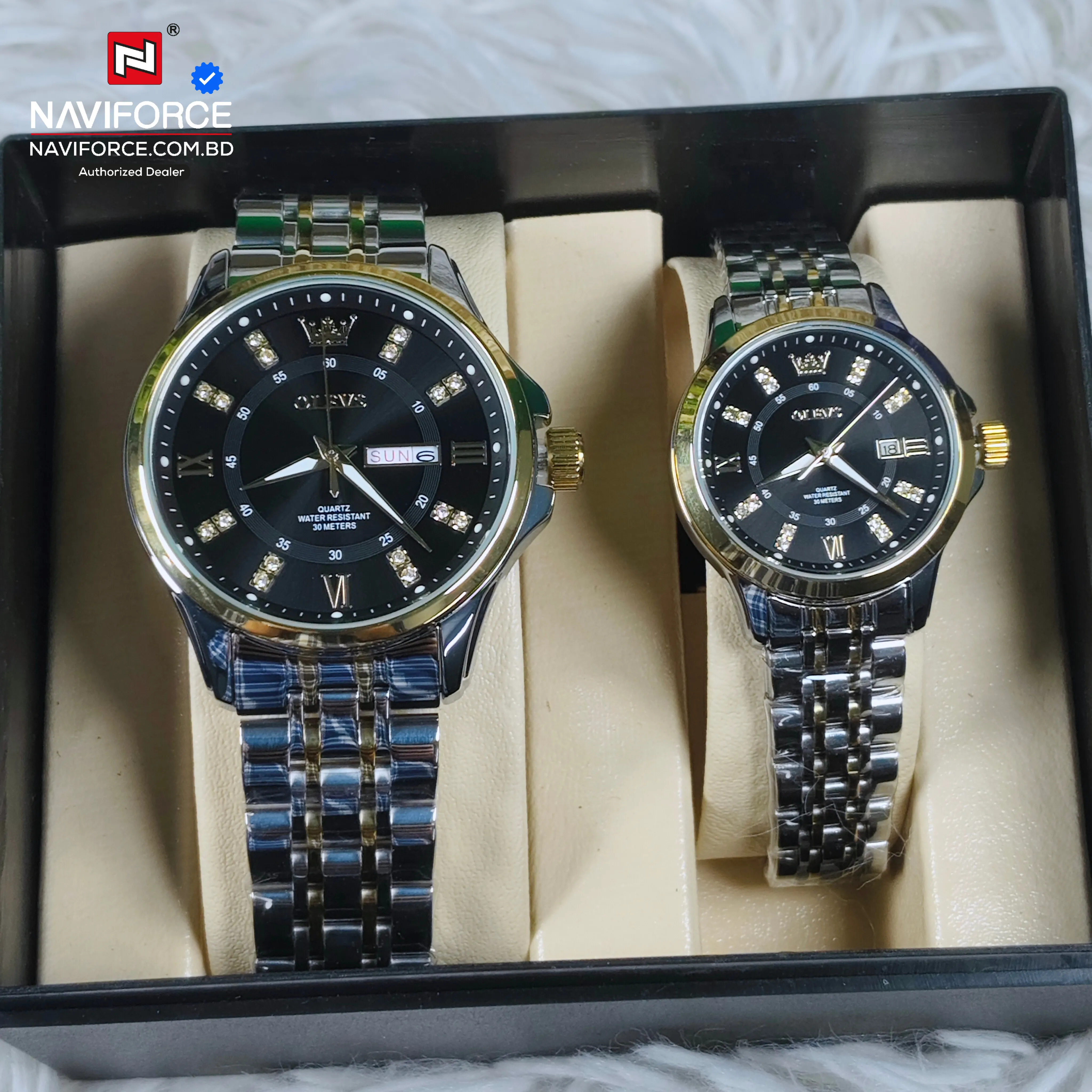 Olevs 3620 Couple Watch - Silver Gold Black With Premium Box