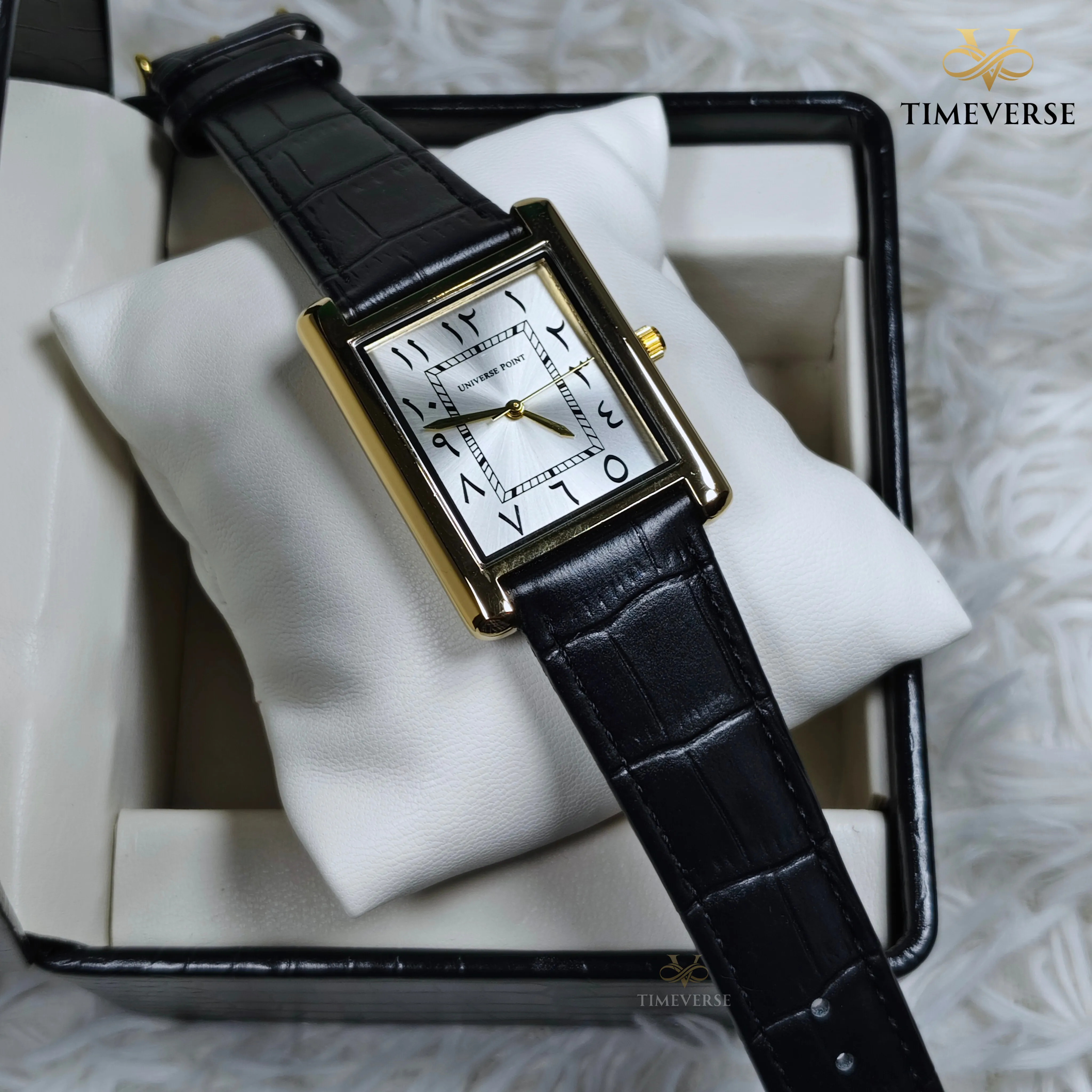 Universe Point 2382 Arabic Dial Leather Men's Watch - Black Gold White