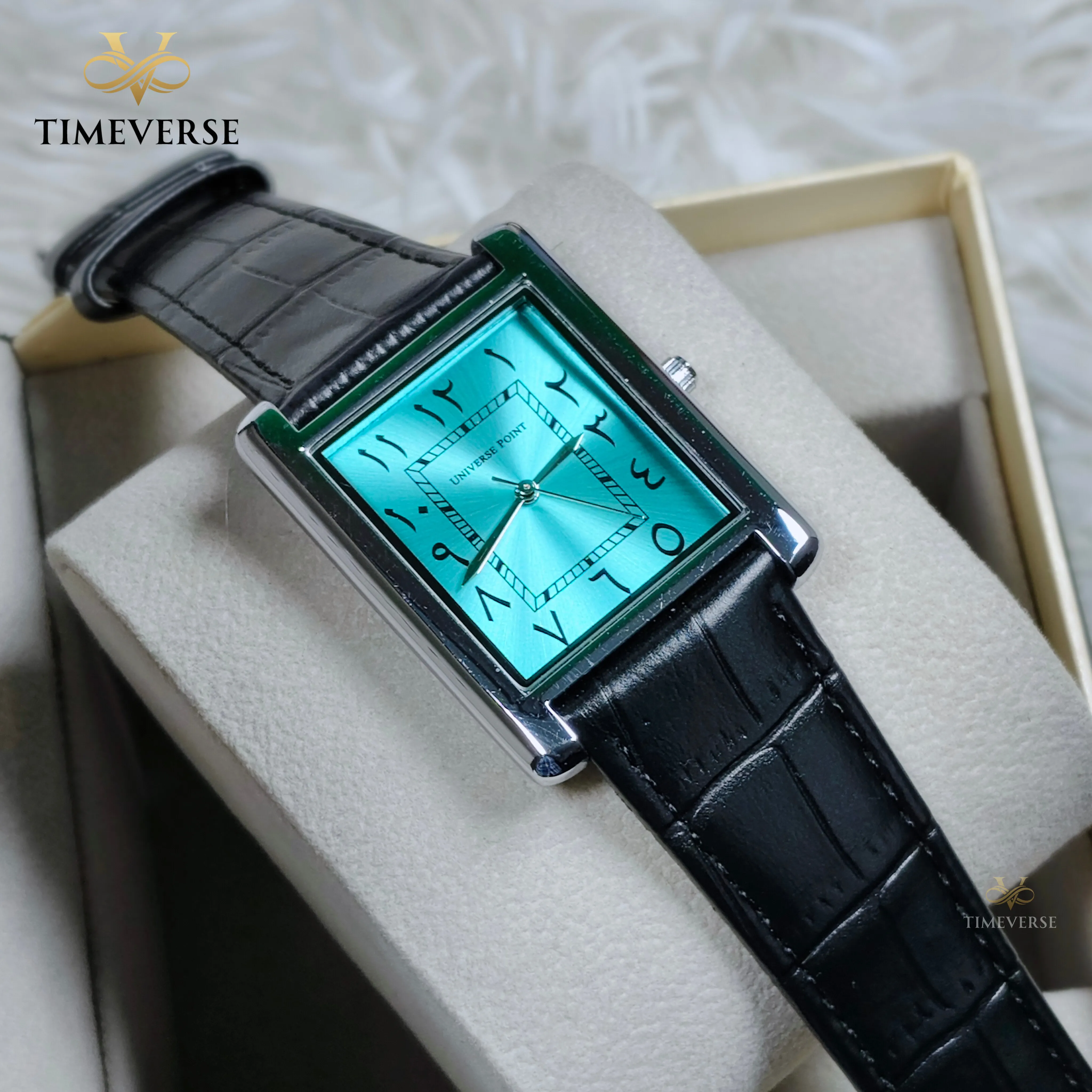 Universe Point 2382 Arabic Dial Leather Men's Watch -  Black Cyan 