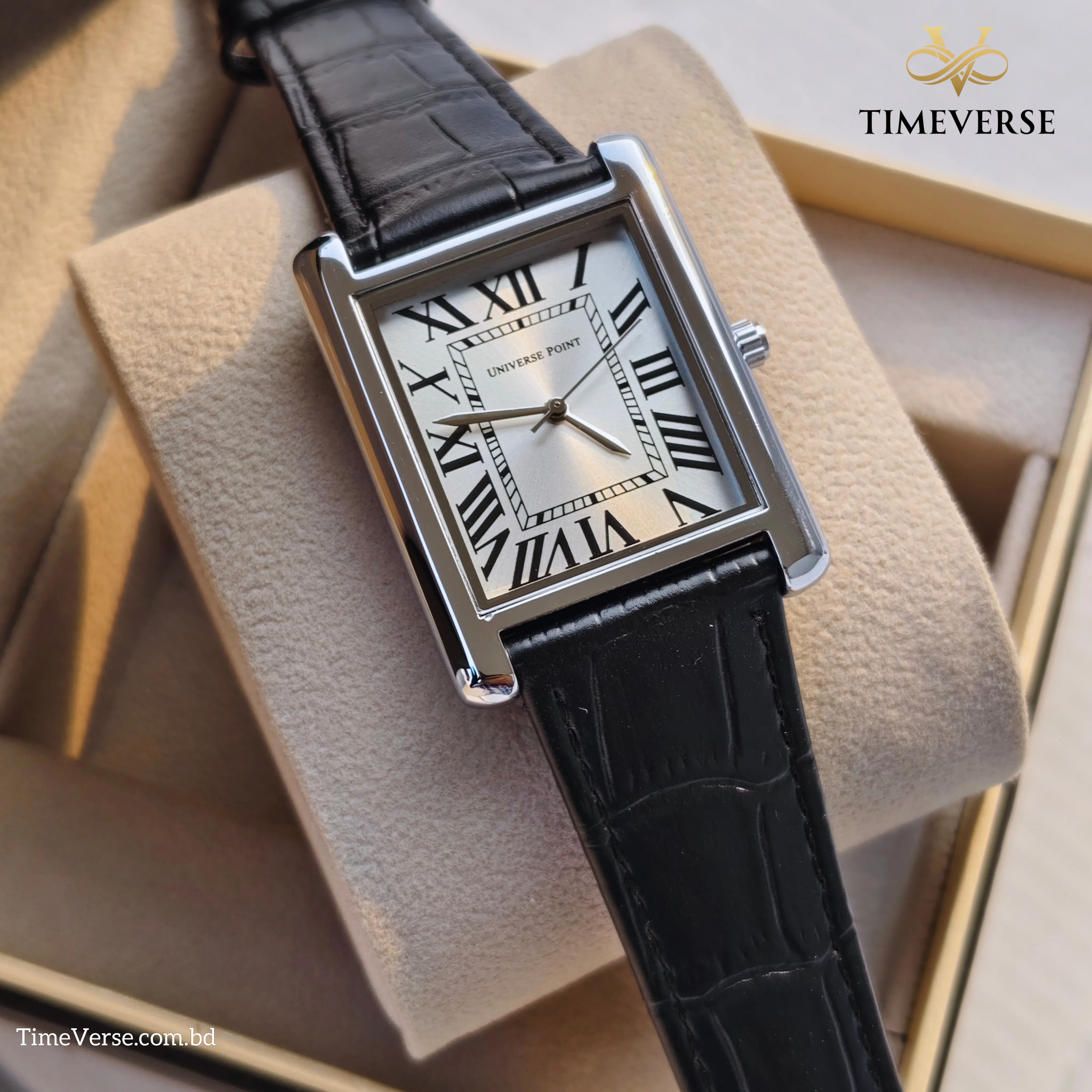 Universe Point 2382 Roman Dial Leather Men's Watch -  Black White