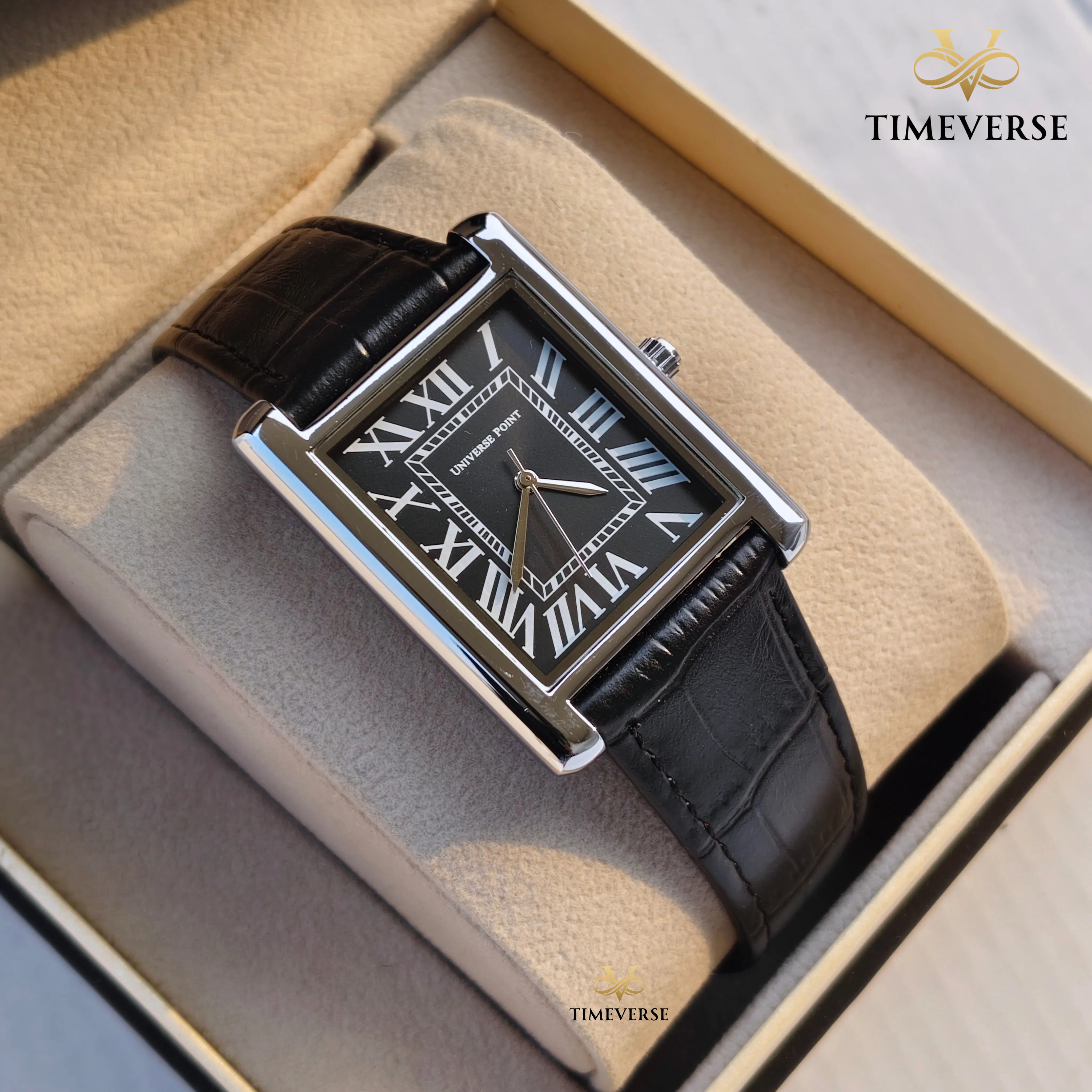 Universe Point 2382 Roman Dial Leather Men's Watch -  Silver Black 