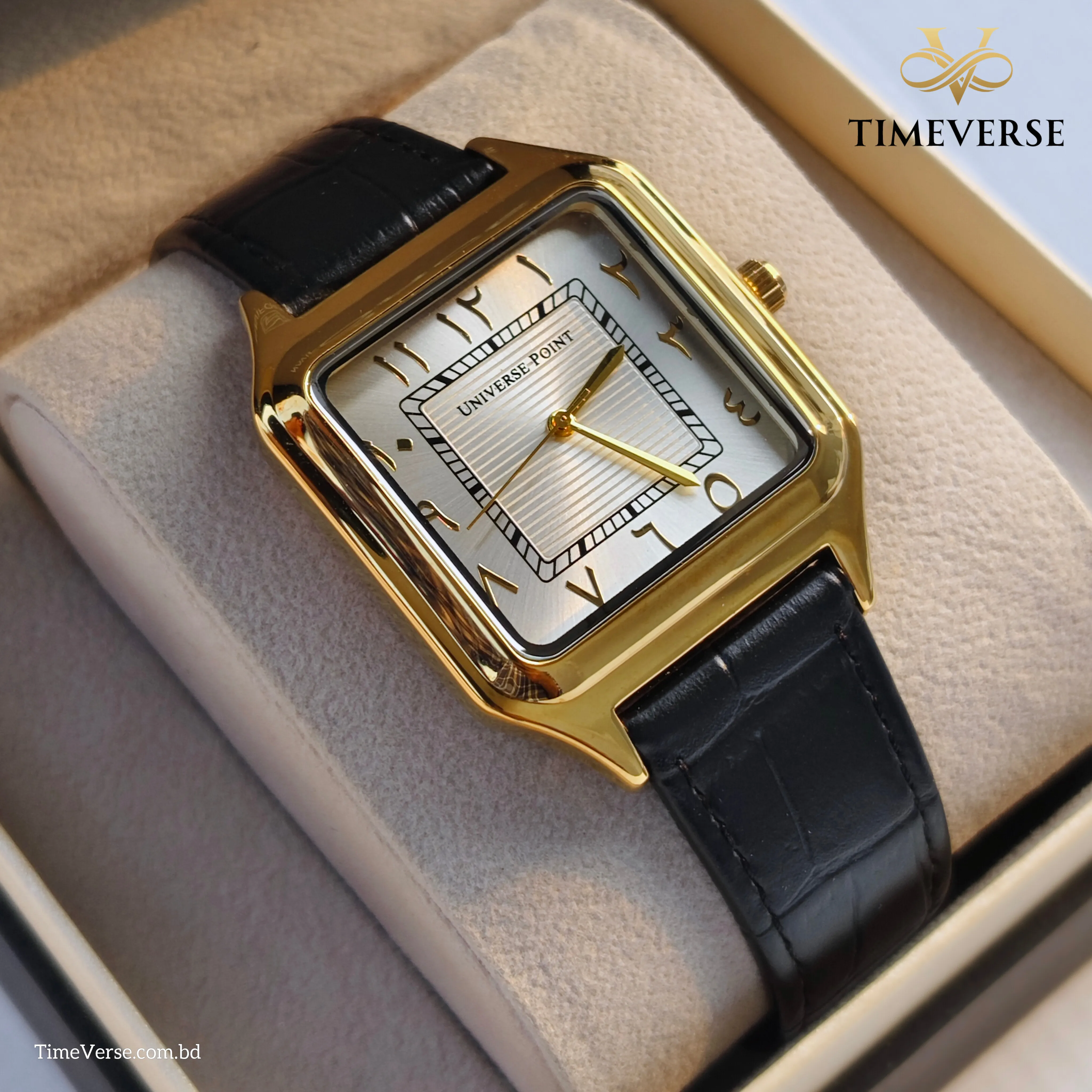 Universe Point 2344 Arabic Dial Leather Men's Watch - Gold White