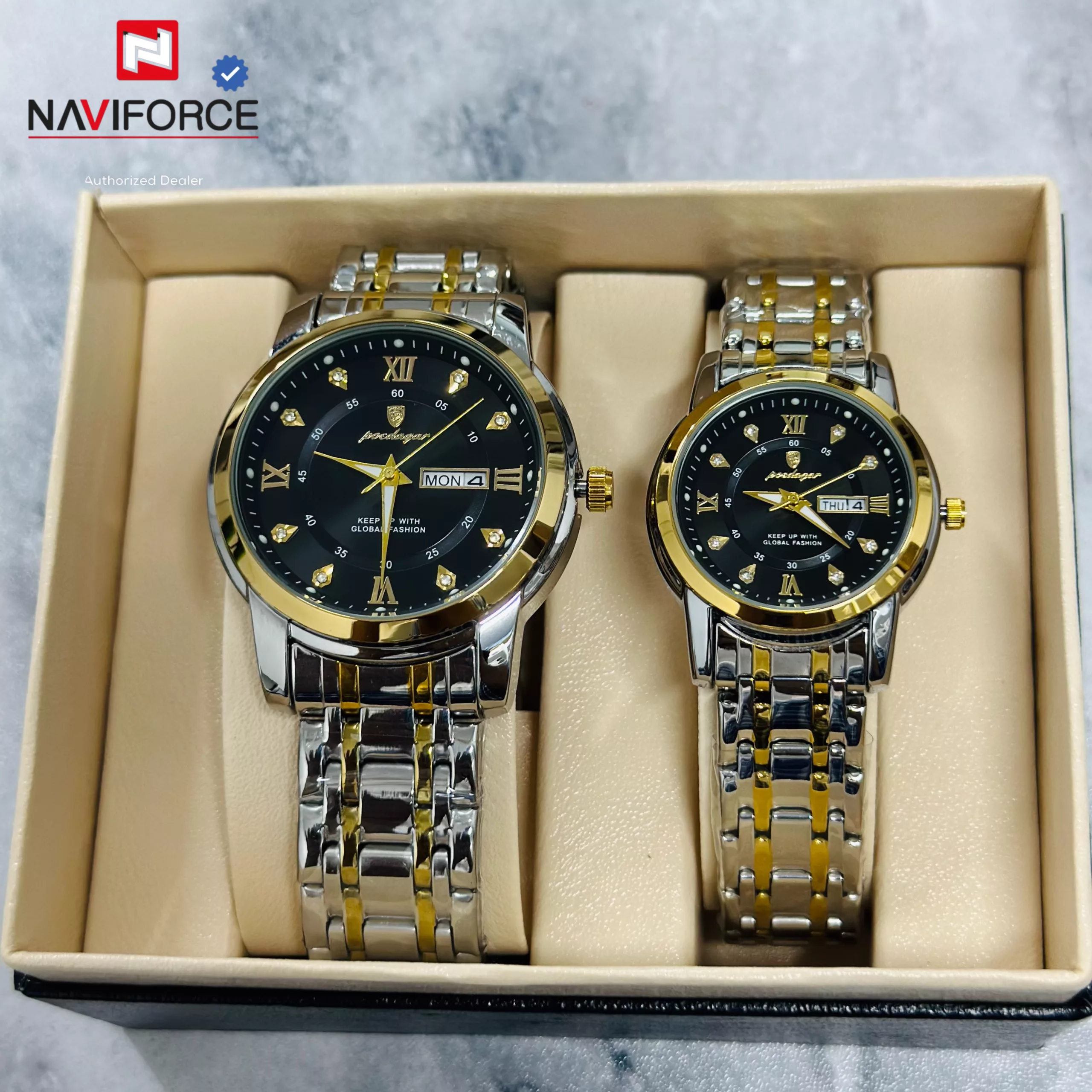 Poedagar 936 Couple Watch - Silver Gold Black With Premium Box