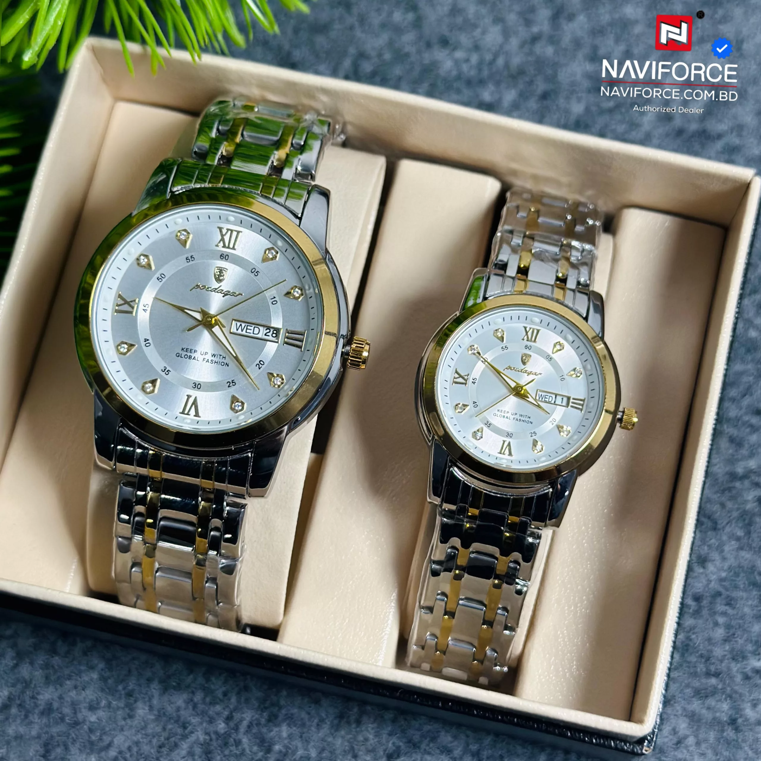 Poedagar 936 Couple Watch - Silver Gold With Premium Box